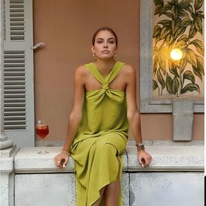 Commense Lime Asymmetrical Knot Dress